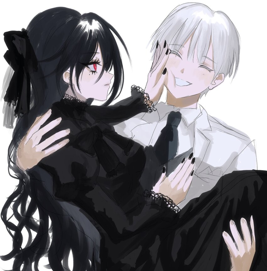 1boy 1girl akai_ringo_(eveyuno) black_dress black_hair carrying carrying_person dress highres long_hair looking_at_another original red_eyes ribbon smile standing white_background white_hair