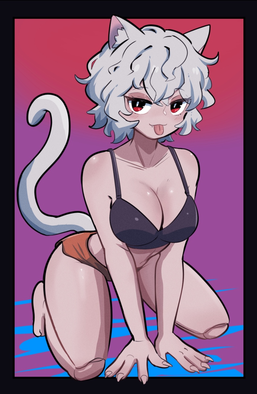 1girl :p amazu_(kurozu) animal_ear_fluff animal_ears bare_arms bare_legs bare_shoulders barefoot black_border border breasts brown_shorts cat_ears cat_girl cat_tail cleavage closed_mouth collarbone commentary doll_joints fang fang_out fingernails grey_hair hair_between_eyes highres hunter_x_hunter joints looking_at_viewer medium_breasts neferpitou red_eyes short_shorts shorts smile solo tail tongue tongue_out