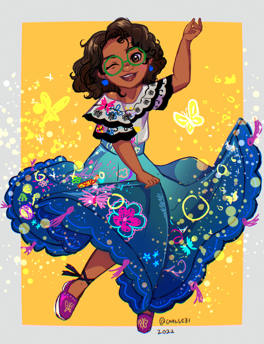1girl absurdres arepa brown_hair bug butterfly chalse31 colombian_clothes curly_hair dark-skinned_female dark_skin earrings embroidery encanto glasses green-framed_eyewear highres hourglass_print insect jewelry looking_at_viewer mirabel_madrigal round_eyewear shirt short_hair skirt smile solo thick_eyebrows yellow_butterfly