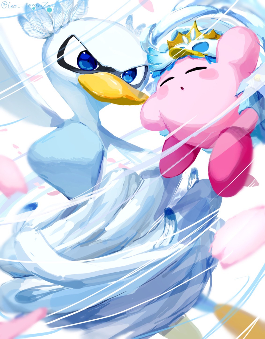 1girl beak blue_eyes blush_stickers closed_eyes colored_skin commentary_request copy_ability feathers fleur_tornado_kirby fleurina highres kirby kirby_(series) kirby_and_the_forgotten_land leo_taranza looking_at_another nintendo petals pink_skin tornado_kirby wings