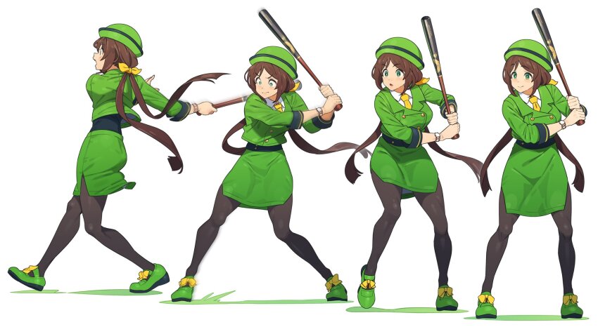 1girl animal_ears baseball_bat black_pantyhose bow bowler_hat brown_hair buttons double-breasted formal_clothes green_eyes green_footwear green_hat green_jacket green_skirt hair_bow hat hayakawa_tazuna highres holding holding_baseball_bat horse_ears horse_girl jacket long_hair multiple_views nishiki_kazue pantyhose simple_background skirt skirt_suit split_ponytail suit umamusume white_background yellow_bow