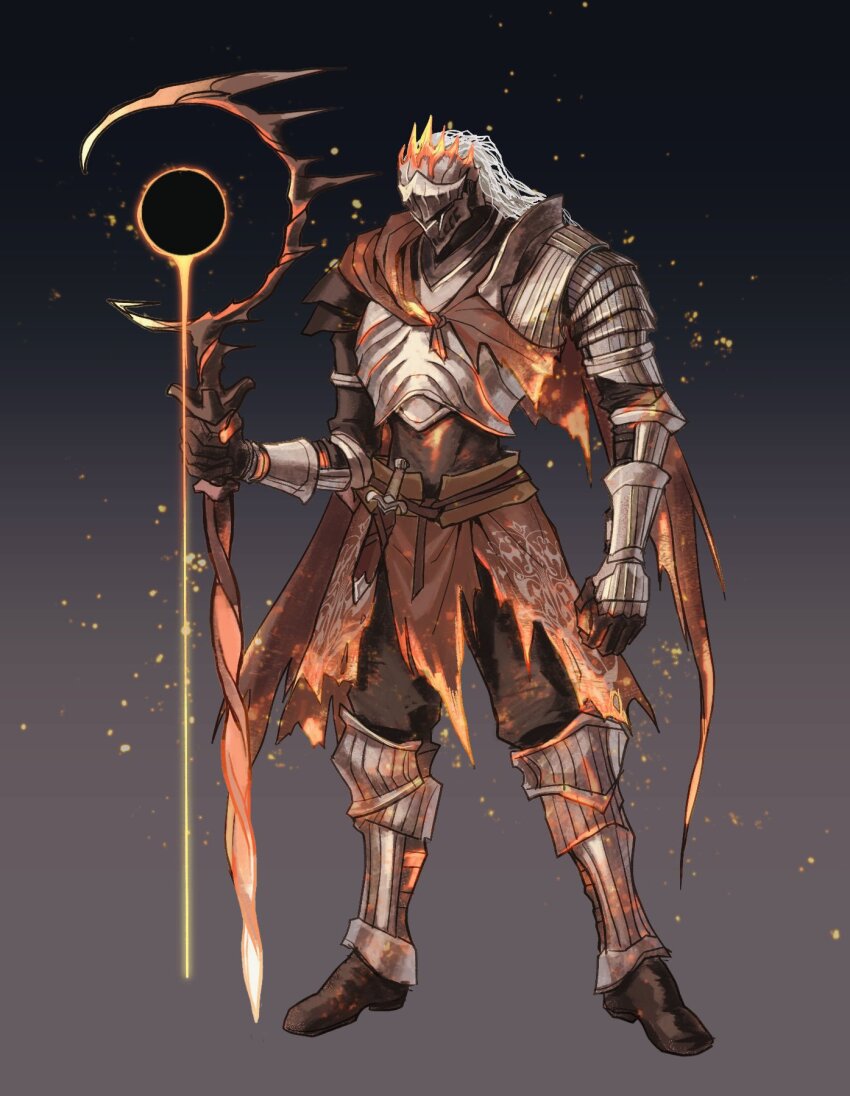 1boy armor black_background black_pants breastplate cape caznalt dark_souls_(series) dark_souls_iii eclipse embers full_armor full_body gauntlets gradient_background greaves helmet highres holding holding_staff holding_sword holding_weapon long_hair overwatch pants pauldrons ramattra_(overwatch) red_cape shoulder_armor soul_of_cinder staff standing sword weapon white_hair