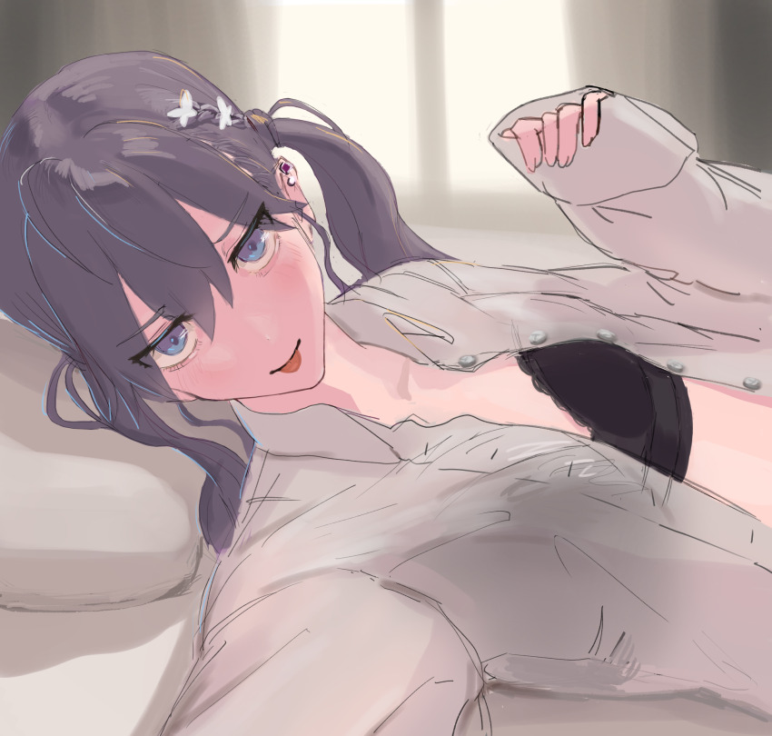 1girl :p black_bra blush bra braid butterfly_hair_ornament commentary_request gakuen_idolmaster hair_ornament highres idolmaster indoors kaya_rinha looking_at_viewer lying open_clothes open_shirt purple_hair selfie shirt solo tact_(dxew4722) tongue tongue_out twintails underwear upper_body white_shirt