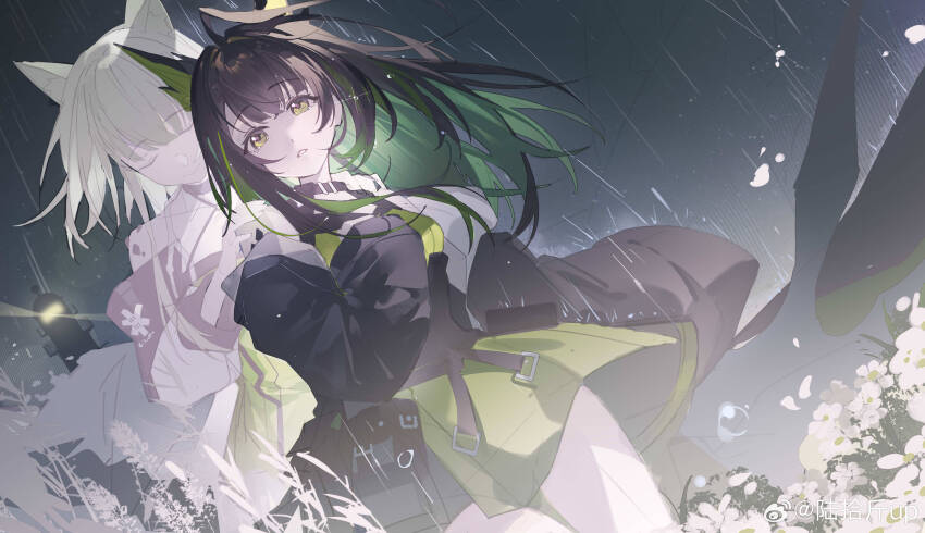 2girls absurdres arknights black_hair black_jacket breasts closed_eyes dress flower green_dress green_eyes green_hair hands_on_another&#039;s_shoulders highres jacket kal&#039;tsit_(arknights) long_hair lushi_jin_up material_growth medium_breasts mon3tr_(arknights) multicolored_hair multiple_girls oripathy_lesion_(arknights) sleeves_past_fingers sleeves_past_wrists smile streaked_hair white_flower