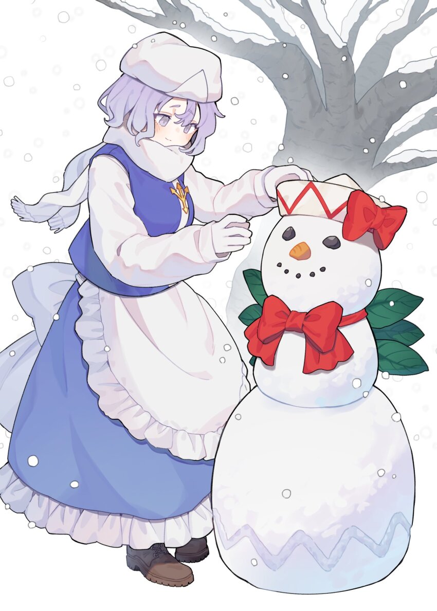 1girl apron blue_skirt blue_vest bow brown_shoes character_snowman closed_mouth commentary full_body garasuno gloves hat highres leaf letty_whiterock lily_white long_sleeves purple_eyes purple_hair red_bow scarf shirt shoes short_hair skirt smile snow snowing snowman symbol-only_commentary touhou tree vest waist_apron white_apron white_gloves white_hat white_scarf white_shirt winter