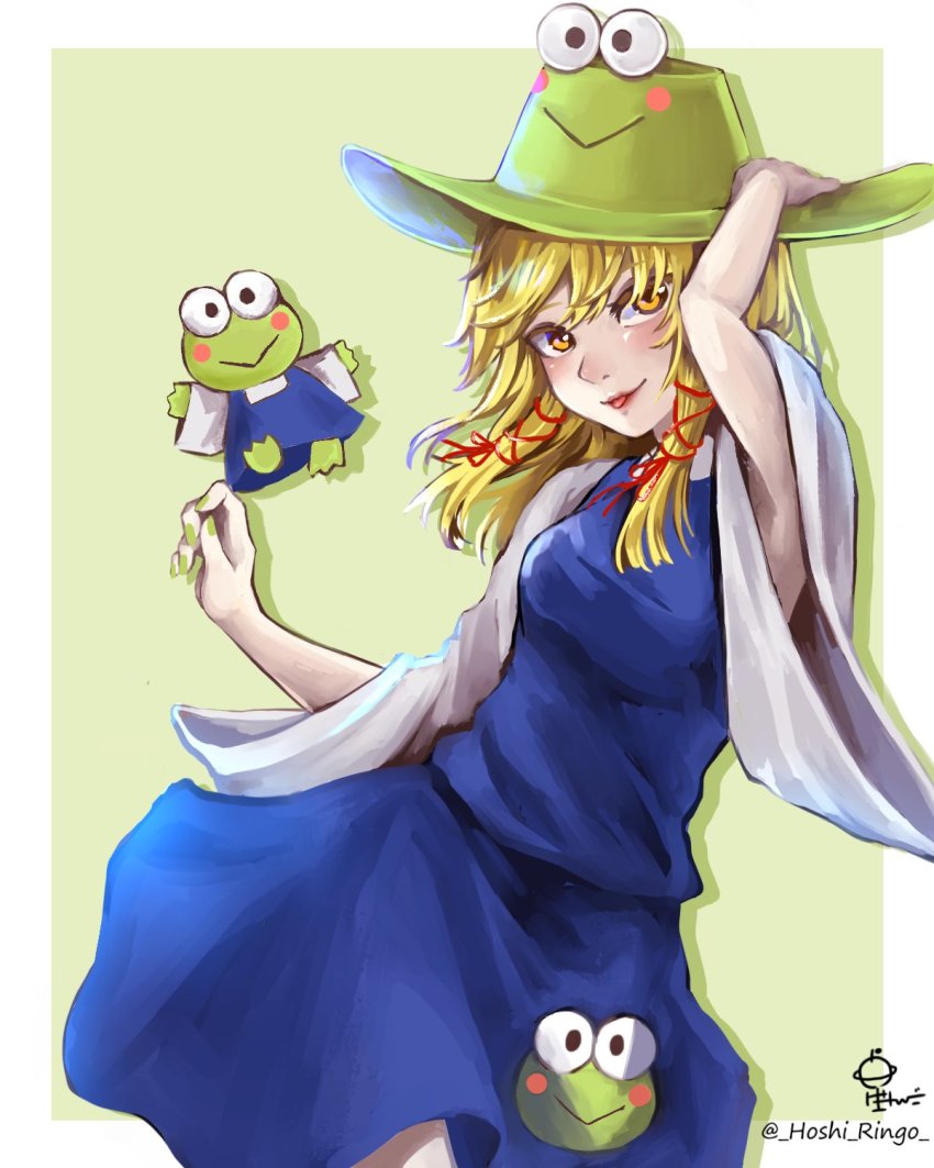 alternate_headwear blonde_hair blouse border breasts commentary_request frog green_background hand_on_headwear highres hoshiringo0902 kero_kero_keroppi keropii lips long_sleeves medium_breasts medium_hair moriya_suwako purple_skirt purple_vest sanrio shirt sidelocks skirt skirt_set touhou turtleneck vest white_border white_shirt wide_sleeves yellow_eyes