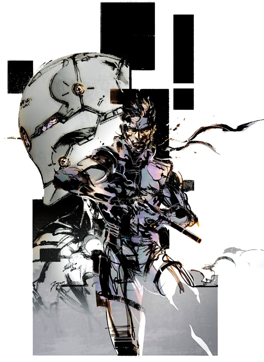 2boys absurdres armor bandana bodysuit brown_hair cyborg faceplate facial_hair gray_fox gun h&amp;k_mark_23 handgun headband helmet highres holding holding_gun holding_weapon male_focus metal_gear_(series) metal_gear_solid multiple_boys ninja official_art one-eyed power_suit shinkawa_youji short_hair sneaking_suit solid_snake weapon