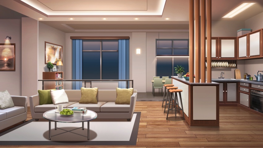 apartment book bookshelf cabinet ceiling_light coffee_mug couch cup curtains drawer fruit_bowl glass_table highres indoors kitchen living_room mug night no_humans non-web_source official_art our_life:_beginnings_and_always painting_(object) photo_(object) pillow pitcher_(container) plant potted_plant railing rug scenery sink stool table tile_floor tiles variant_set vase wall_lamp window_light wooden_floor