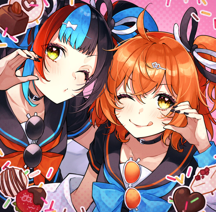 2girls ahoge black_hair blue_hair blush breasts fate/grand_order fate_(series) fujimaru_ritsuka_(female) highres ichino_tomizuki large_breasts long_hair looking_at_viewer multicolored_hair multiple_girls one_eye_closed one_side_up orange_eyes orange_hair red_hair sei_shounagon_(fate) short_hair smile twintails yellow_eyes