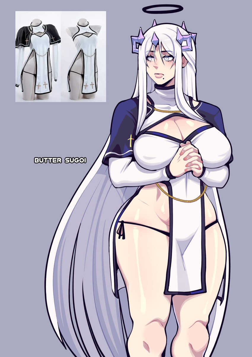 1girl artist_name black_halo breasts butter_sugoi cleavage cleavage_cutout clothing_cutout covered_erect_nipples curvy dress expressionless halo highres horns large_breasts lips long_hair mole mole_under_mouth original panties reference_inset side-tie_panties side_slit solo string_panties underwear very_long_hair white_dress white_eyes white_hair
