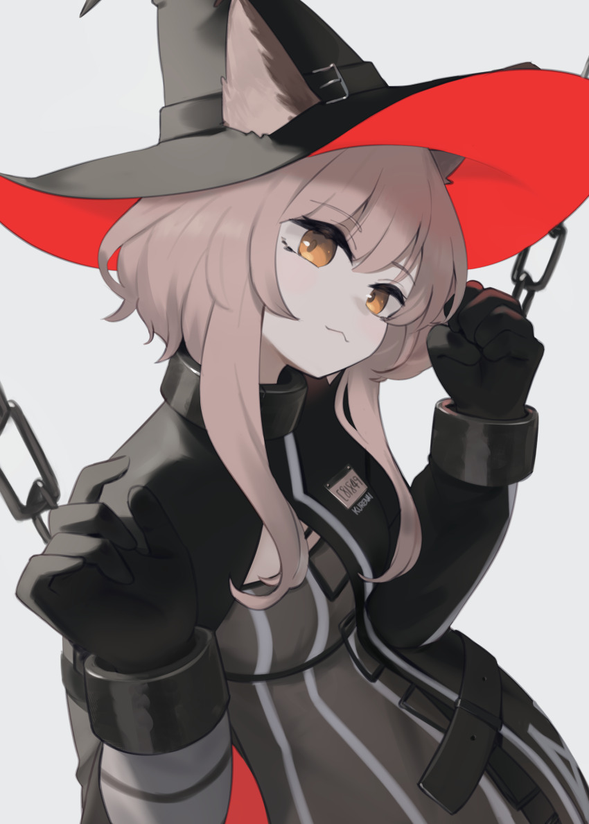 1girl absurdres arknights black_gloves black_hat black_jacket brown_eyes brown_hair chain closed_mouth collar cuffs dress ears_through_headwear gloves grey_background grey_dress hands_up hat haze_(arknights) head_tilt highres hinami047 jacket long_hair long_sleeves looking_at_viewer metal_collar simple_background solo striped_clothes striped_dress vertical-striped_clothes vertical-striped_dress witch_hat