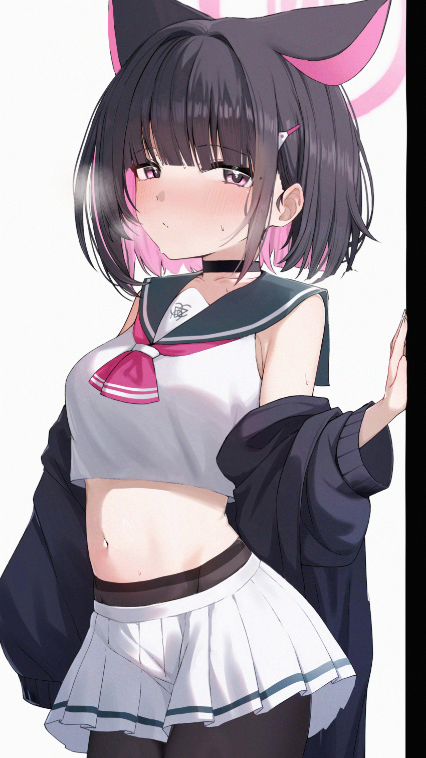1girl absurdres animal_ears black_choker black_hair black_pantyhose blue_archive blush cat_ears choker closed_mouth collarbone colored_inner_hair commentary crop_top hand_up highres kazusa_(blue_archive) looking_at_viewer medium_hair multicolored_hair navel number-only_commentary off_shoulder pantyhose pink_eyes pink_hair pleated_skirt simple_background skirt small_sweatdrop solo stomach wendao white_background white_skirt