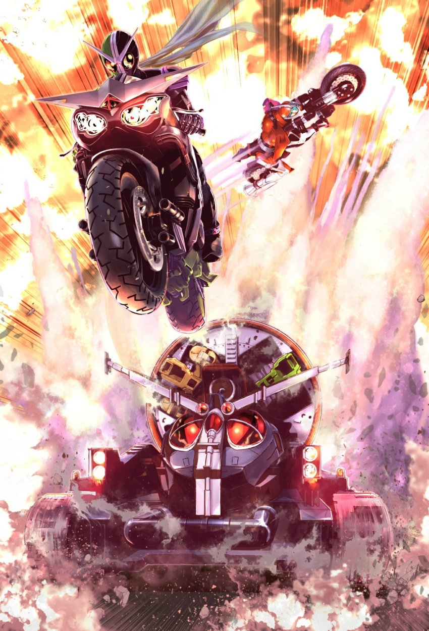 2boys armor black_armor blue_eyes detective drone explosion fuuto_tantei green_armor highres kamen_rider kamen_rider_accel kamen_rider_double kamen_rider_w military military_vehicle motor_vehicle motorcycle multiple_boys official_art red_armor red_eyes sato_masaki_(masayakofu) tank