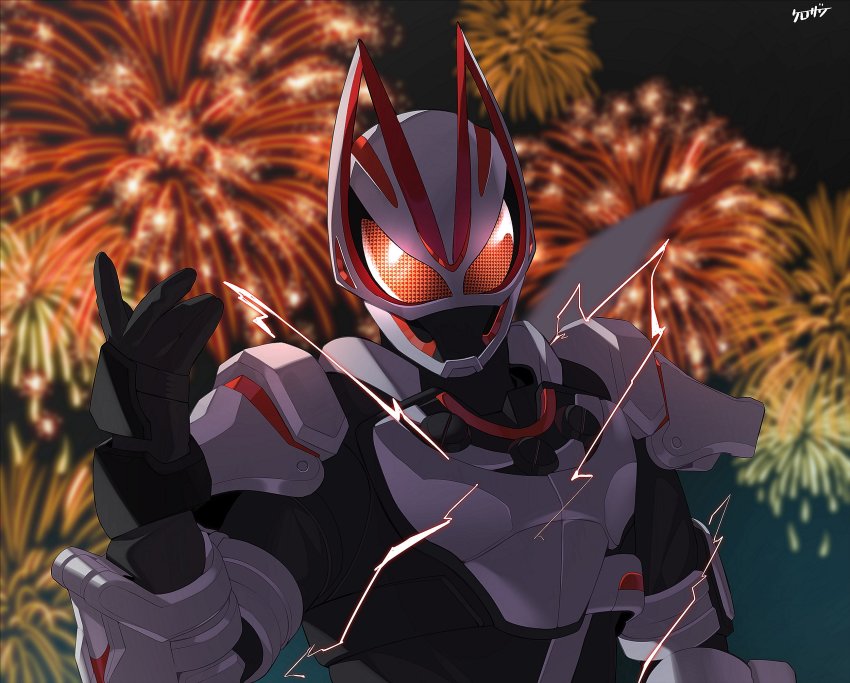 1boy aerial_fireworks armor black_bodysuit black_gloves blue_background bodysuit compound_eyes fireworks fox fox_mask gloves highres kamen_rider kamen_rider_geats kamen_rider_geats_(series) kitsune kurozawa_yui lightning magnum_boost male_focus mask night night_sky open_hands orange_background red_lightning scarf shoulder_armor sky tokusatsu two-tone_background upper_body white_armor white_scarf