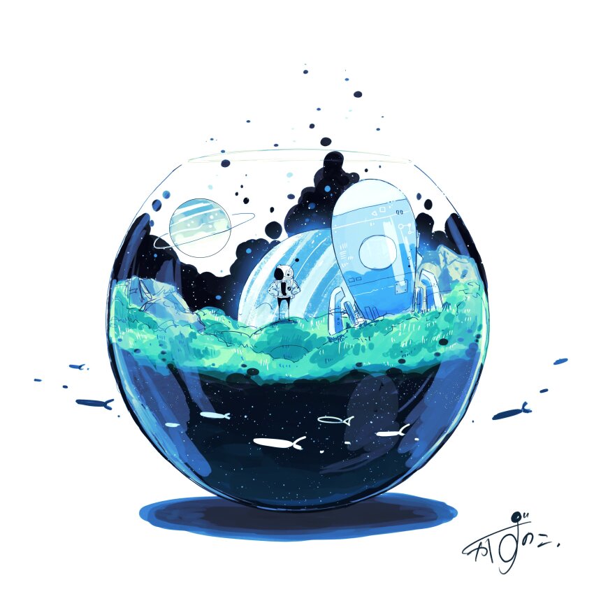 1other absurdres artist_name astronaut commentary fish fishbowl flying_fish glass grass hands_in_pockets helmet highres kazunoko_(kazunoko_zunoco) looking_to_the_side original planet planetary_ring rock rocket_ship shadow signature simple_background solo space space_helmet spacecraft spacesuit standing star_(sky) terrarium white_background