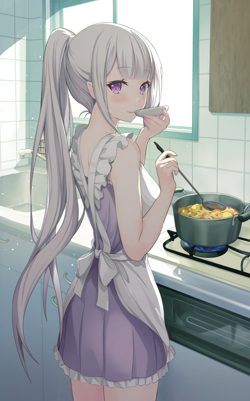 1girl absurdres alternate_costume apron bare_shoulders blunt_bangs blush closed_mouth cooking cooking_pot cowboy_shot dress echiru39 elf emilia_(re:zero) frilled_apron frilled_dress frills from_behind grey_hair highres indoors kitchen ladle long_hair looking_at_viewer looking_back plate pointy_ears ponytail purple_dress purple_eyes re:zero_kara_hajimeru_isekai_seikatsu sink sleeveless sleeveless_dress smile solo steam tasting tasting_plate very_long_hair white_apron