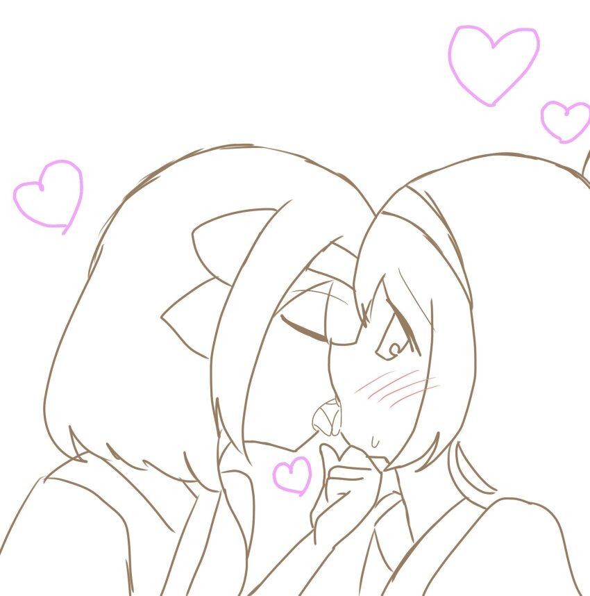 2girls ainu_clothes blush breasts closed_eyes french_kiss from_side hair_ribbon hand_on_another&#039;s_chin heart highres incest kiss long_hair monochrome multiple_girls nakoruru open_mouth ribbon rimururu saliva saliva_trail samurai_spirits short_hair siblings sisters sketch small_breasts snk sweatdrop tongue tongue_out yuri