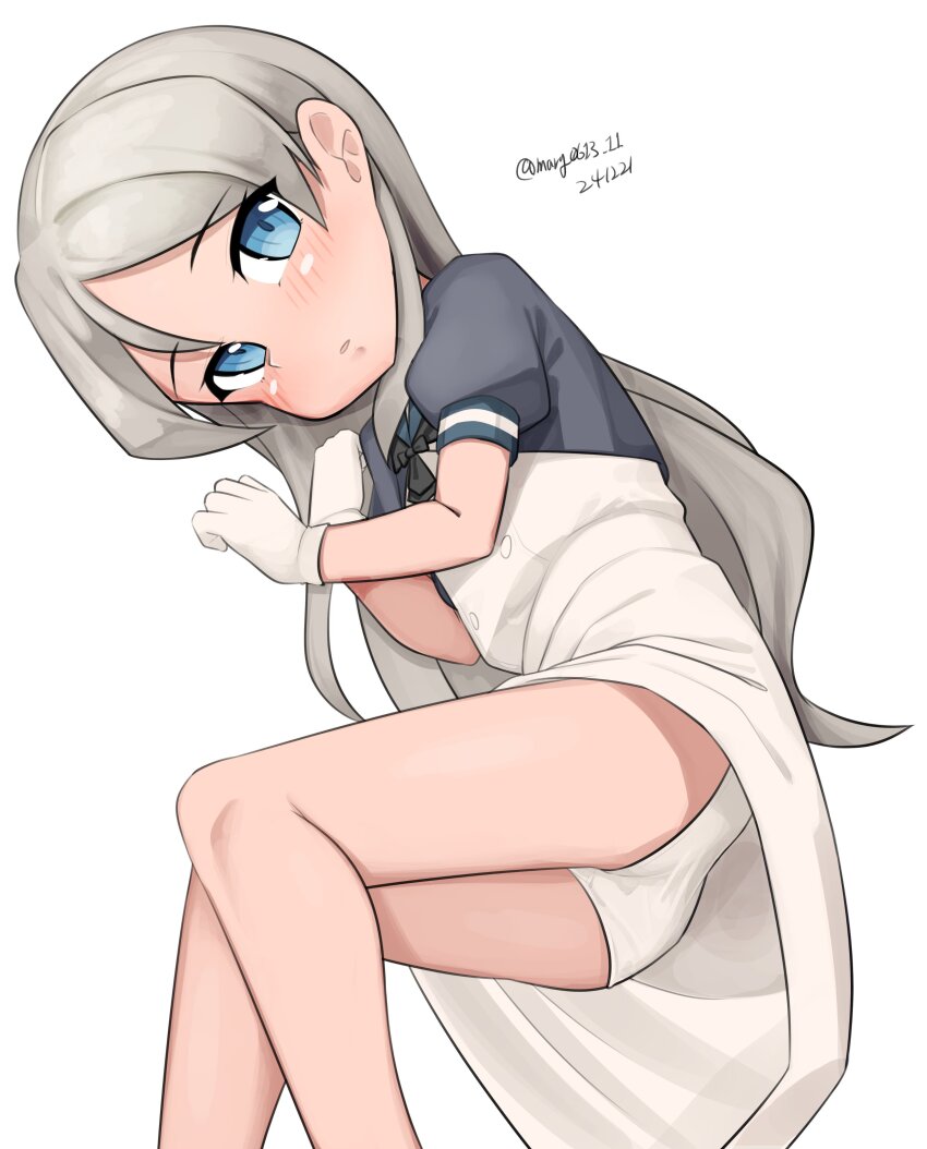 1girl absurdres black_neckerchief blue_eyes blue_jacket dated dress feet_out_of_frame gloves grey_hair hair_between_eyes highres jacket javelin_(kancolle) kantai_collection looking_at_viewer loose_hair_strand lying maru_(marg0613) neckerchief on_side one-hour_drawing_challenge panties simple_background solo twitter_username underwear white_background white_dress white_gloves white_panties