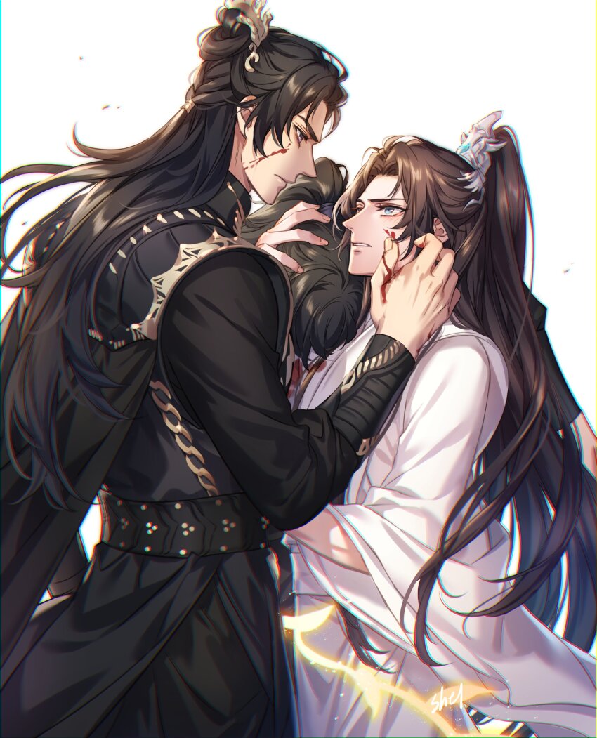 3boys absurdres black_cape black_hair black_hanfu black_pants black_sash blood blood_on_clothes blood_on_face blood_on_hands blue_eyes brown_hair cape chain chinese_clothes chromatic_aberration chu_wanning clenched_teeth cowboy_shot dual_persona erha_he_tadebai_mao_shizun glowing glowing_weapon hair_bun half_updo hand_on_another&#039;s_head hanfu head_on_another&#039;s_shoulder high_ponytail highres korean_commentary long_hair long_sleeves looking_at_another looking_up male_focus mo_ran multiple_boys pants ponytail purple_eyes sash taxian-jun teeth weapon whip white_background white_hanfu white_sash wide_sleeves wiping_blood xiao_guan_(headdress) zehel_az