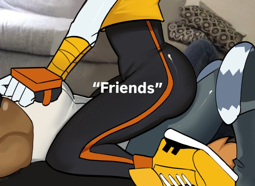 &quot;friends&quot;_meme 2girls ass bad_tag black_pants bodysuit cowgirl_position crop_top dark-skinned_female dark_skin english_text female fingerless_gloves furry gloves idw_publishing indoors lemur_tail leotard lower_body lying male multiple_girls on_person orange_footwear pants reference shoes sitting sitting_on_person sneakers sonic_(series) sonic_the_hedgehog sonic_the_hedgehog_(idw) straddling tail tangle_the_lemur toboy whisper_the_wolf white_leotard yoga_pants yuri