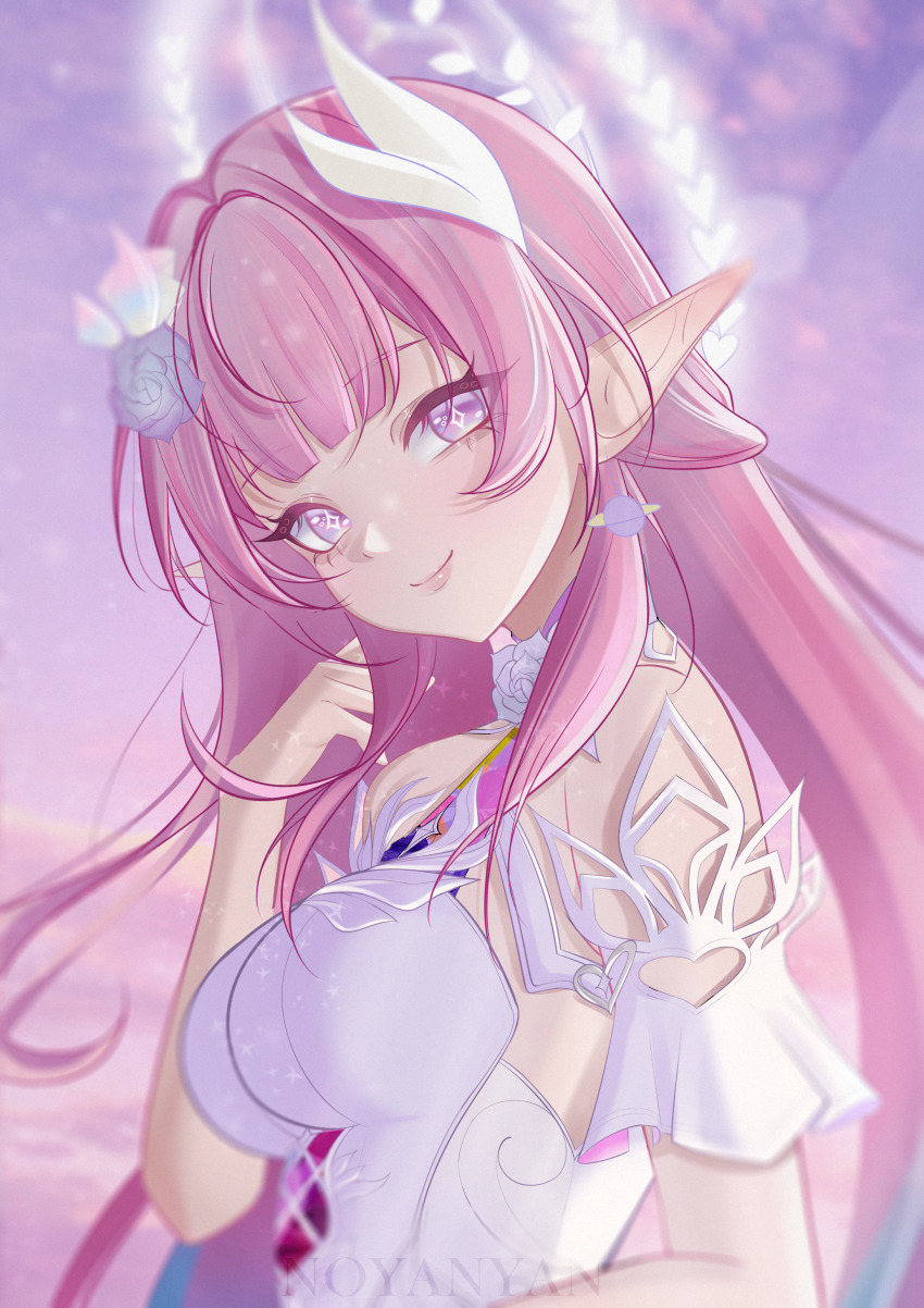 1girl absurdres artist_name bare_shoulders breasts commentary cyrene_(honkai:_star_rail) cyrene_(ripples_of_past_reverie)_(honkai:_star_rail) diamond-shaped_pupils diamond_(shape) dress flower from_side hair_flower hair_ornament halo highres honkai:_star_rail honkai_(series) large_breasts long_hair looking_at_viewer noya_nyan pink_hair pointy_ears purple_eyes solo symbol-shaped_pupils upper_body very_long_hair white_dress