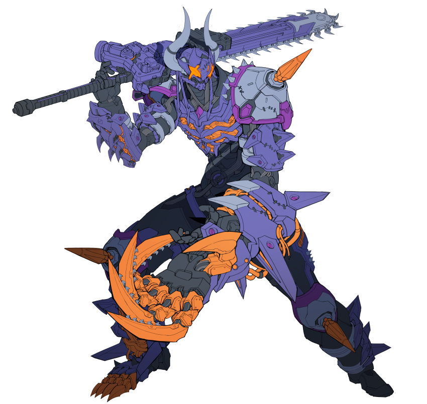 1boy absurdres black_bodysuit black_boots black_gloves bodysuit boots buffalo bull catball1994 chainsaw claw_(weapon) cowboy_shot gloves highres horns imminent_hit kamen_rider kamen_rider_buffa kamen_rider_geats_(series) knee_spikes long_hair male_focus mechabare mechanical_hands multicolored_hair purple_hair purple_scarf redesign scarf shoulder_spikes single_mechanical_hand solo spikes stylistic sword tokusatsu weapon white_background zombie_breaker zombie_buckle