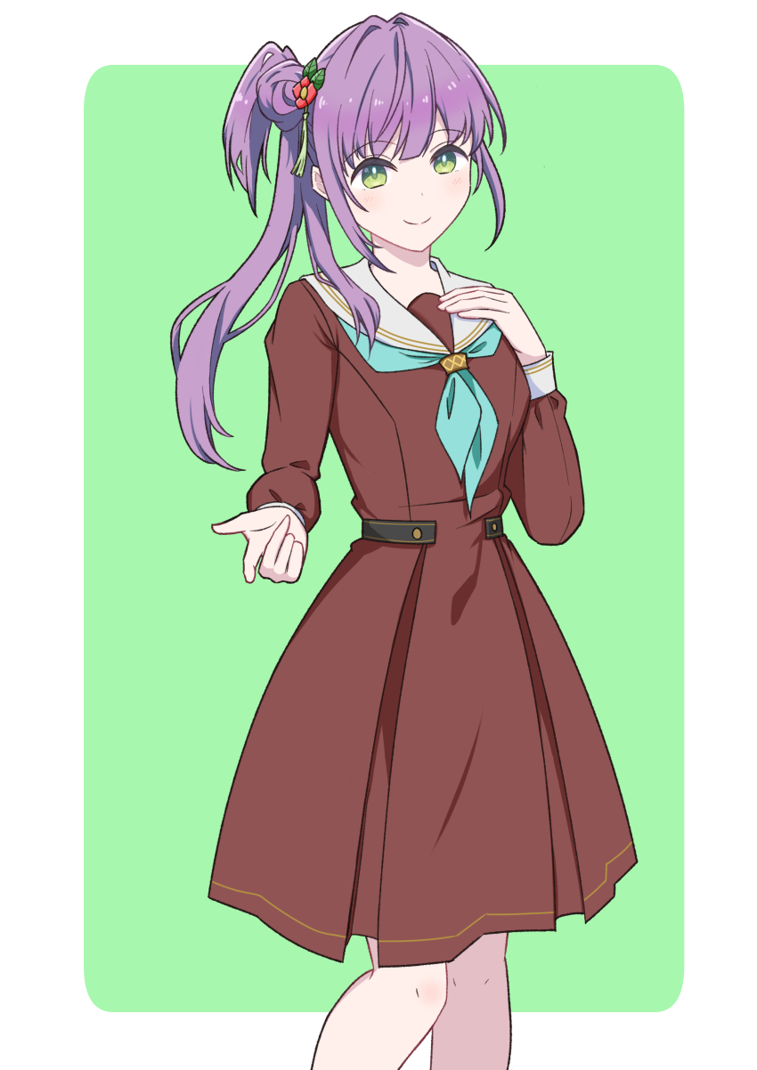 1girl absurdres aqua_neckerchief border brown_dress closed_mouth dress green_eyes hair_ornament hasu_no_sora_school_uniform highres link!_like!_love_live! long_hair long_sleeves looking_at_viewer love_live! neckerchief otomune_kozue purple_hair reason3_s sailor_collar school_uniform side_ponytail sidelocks smile solo standing upper_body white_border white_sailor_collar winter_uniform