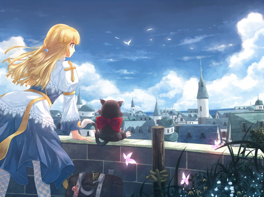 1girl arch_bishop_(ragnarok_online) bent_over bird blonde_hair braid brown_eyes bug butterfly cat cityscape cloud day flower half_updo in-universe_location insect pantyhose plaid_clothes plaid_legwear ragnarok_online scenery sky wildrose wind yakka