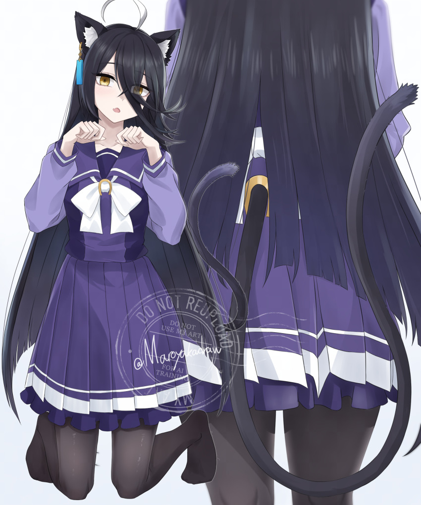 1girl ahoge alternate_animal_ears alternate_tail animal_ears black_hair black_pantyhose bow cat cat_ears clothing_cutout commentary_request feet hair_between_eyes highres ibuki_grunt kneeling kneepits long_hair looking_at_viewer manhattan_cafe_(umamusume) multicolored_hair multiple_views no_shoes open_mouth pantyhose paw_pose pleated_skirt purple_serafuku purple_shirt purple_skirt sailor_collar school_uniform serafuku shirt simple_background skirt streaked_hair tail tail_through_clothes tracen_school_uniform twitter_username umamusume watermark white_background white_bow white_hair winter_uniform yellow_eyes