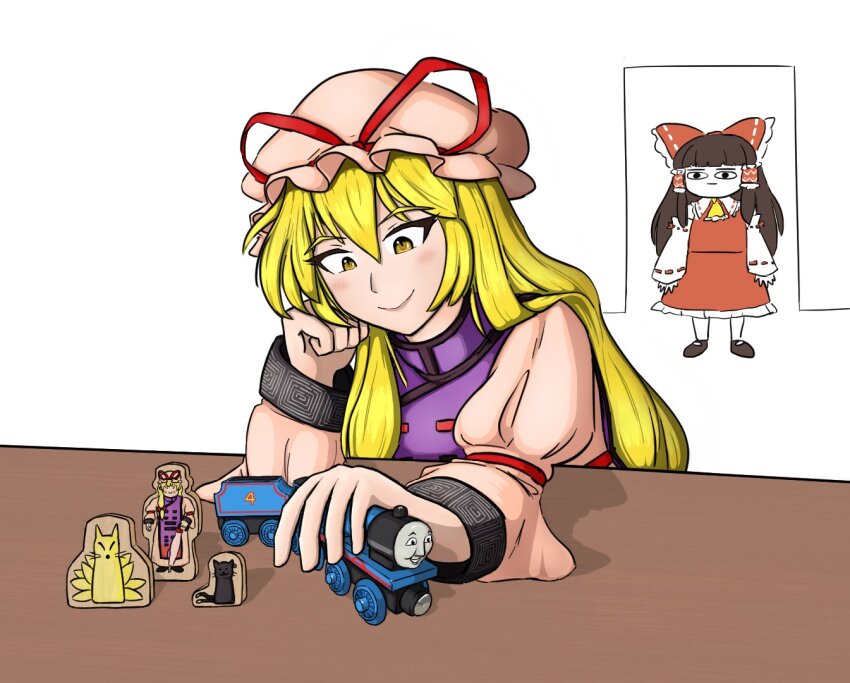 2girls ascot blonde_hair bow brown_hair chen chen_(cat) closed_mouth femboy_reaper hair_bow hair_tubes hakurei_reimu hat hat_ribbon long_hair looking_at_another mob_cap multiple_girls pink_hat red_bow red_ribbon ribbon sidelocks simple_background smile thomas_the_tank_engine touhou toy_train white_background yakumo_ran yakumo_ran_(fox) yakumo_yukari yellow_ascot yellow_eyes