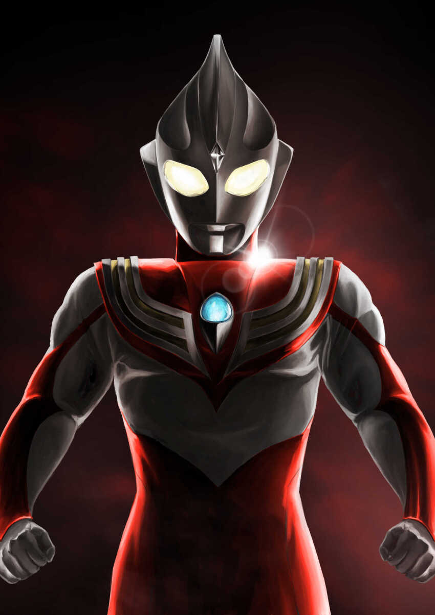 1boy alien armor breastplate clenched_hands color_timer colored_skin commentary compound_eyes cowboy_shot crystal dark_background dorsal_fin forehead_jewel gattyo gem glowing glowing_eyes highres lens_flare looking_at_viewer looking_down male_focus multicolored_skin pectorals red_skin silver_skin silver_trim solo standing tokusatsu ultra_series ultraman_tiga ultraman_tiga_(power_type) ultraman_tiga_(series) wrinkled_skin yellow_eyes