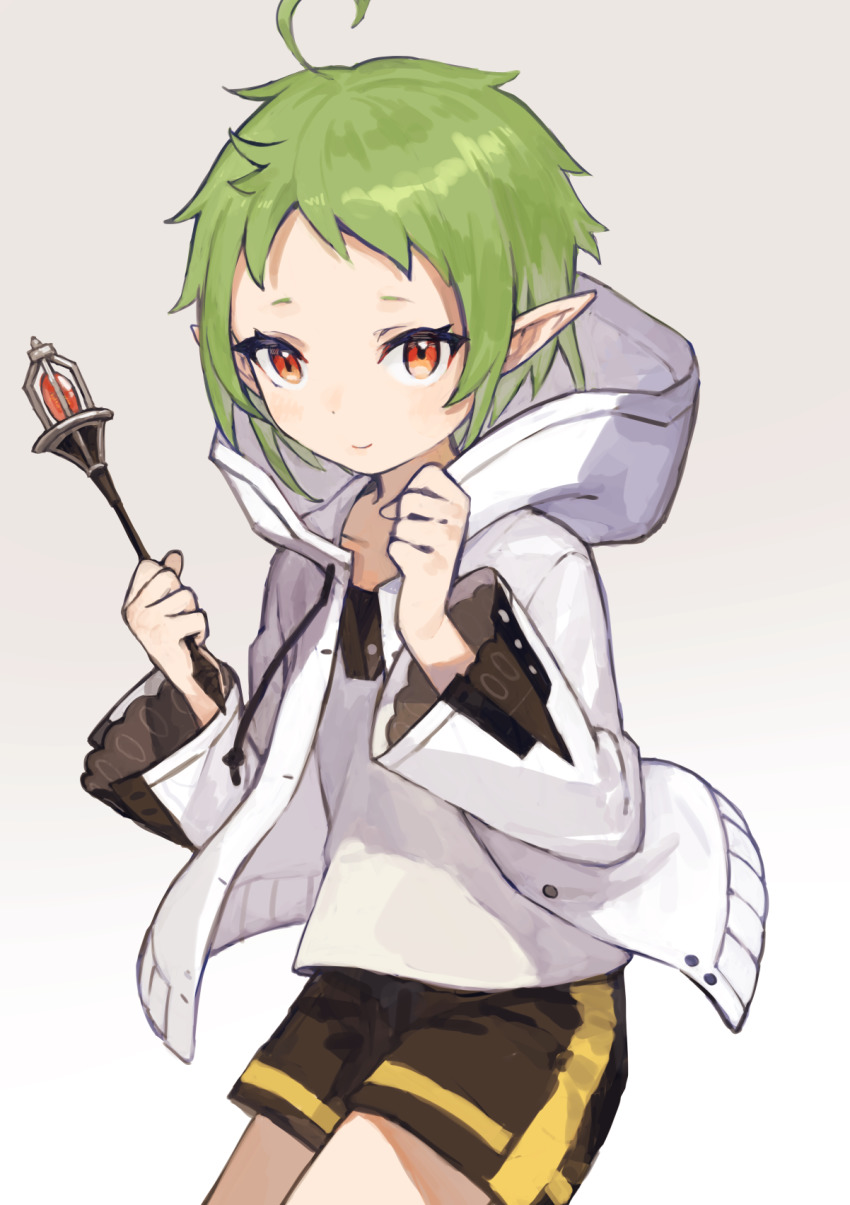 1girl ahoge black_shorts closed_mouth commentary_request gradient_background green_hair grey_background highres holding holding_wand hood hood_down hooded_jacket jacket karamomo long_sleeves looking_at_viewer mushoku_tensei open_clothes open_jacket pointy_ears red_eyes shirt short_hair short_shorts shorts smile solo sylphiette_(mushoku_tensei) wand white_background white_jacket white_shirt wide_sleeves