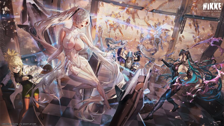 5girls abe_(nikke) absurdres backpack bag blonde_hair blue_hair blue_sky bow breasts cannon cavehuuu cinderella_(nikke) clothing_cutout colored_inner_hair copyright_name debris elbow_gloves glasses gloves goddess_of_victory:_nikke gretel_(nikke) hair_bow hair_ornament hair_over_one_eye hair_ribbon halterneck hansel_(nikke) high-waist_skirt highres lab_coat little_mermaid_(nikke) midair multicolored_hair multiple_girls official_art old_tales_(nikke) open_mouth pantyhose red_eyes ribbon see-through_clothes see-through_shirt shirt siblings sideboob sidelocks skirt sky sunset sweater thigh_strap thighhighs turtleneck turtleneck_sweater twins twintails white_hair