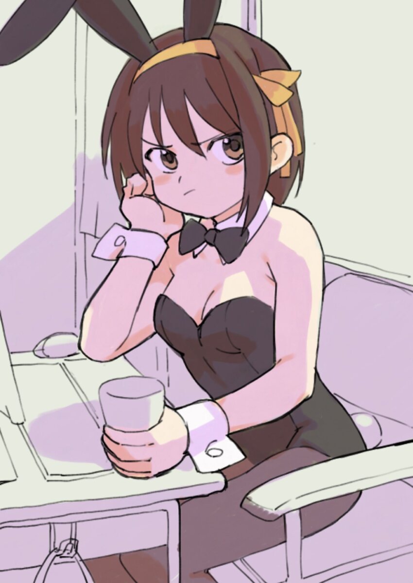 1girl animal_ears annoyed black_leotard bob_cut bow bowtie breasts brown_eyes brown_hair closed_mouth commentary_request detached_collar fake_animal_ears fake_tail gan2 hairband highres leotard medium_breasts official_alternate_costume playboy_bunny rabbit_ears rabbit_tail short_hair sitting solo strapless strapless_leotard suzumiya_haruhi suzumiya_haruhi_no_yuuutsu tail wrist_cuffs yellow_hairband