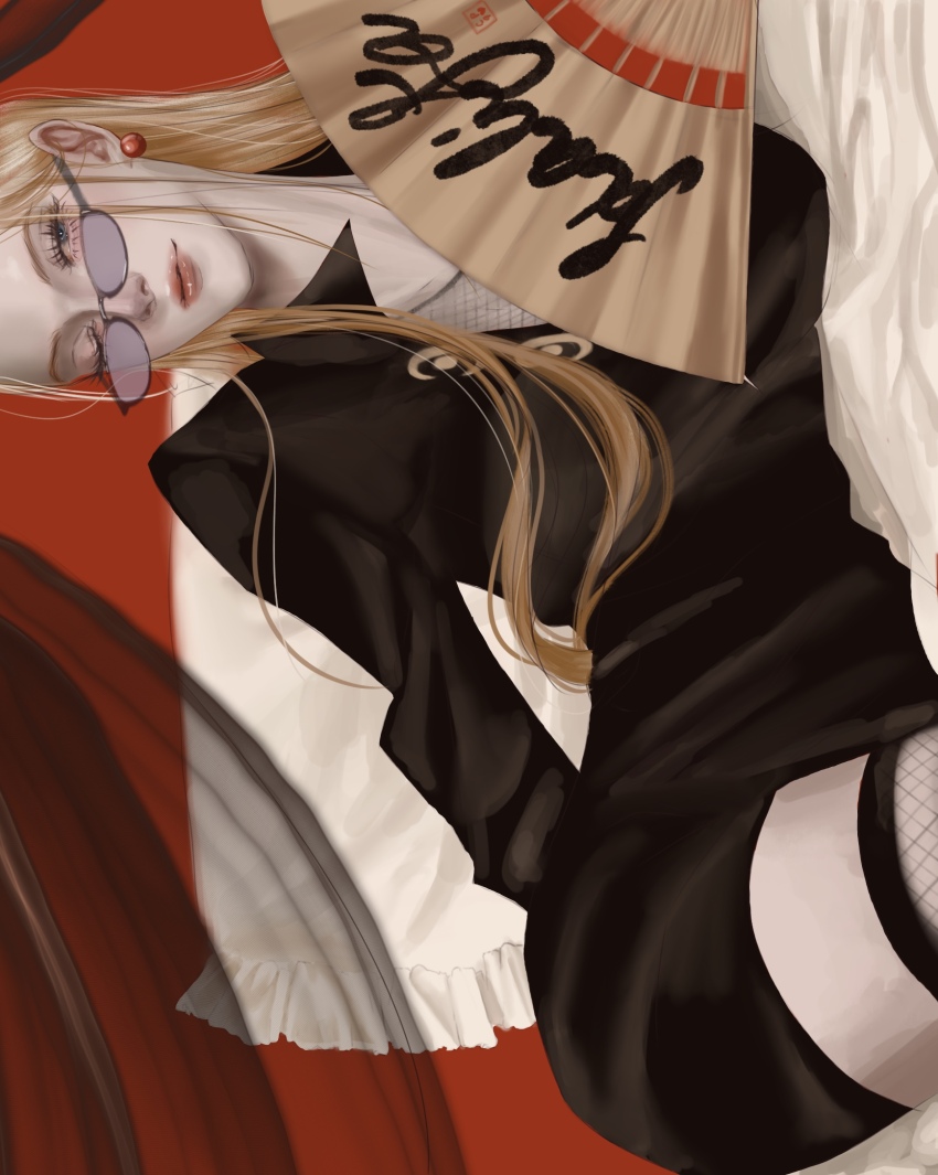 1girl black_dress blonde_hair dress earrings eyelashes fishnet_thighhighs fishnets glasses hand_fan highres holding holding_fan jewelry kalifa_(one_piece) long_hair long_sleeves lying on_side one_eye_closed one_piece pearl_earrings red_lips rihirihi613 solo thighhighs