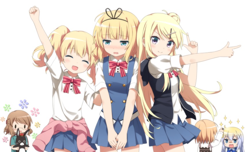 &gt;:) 6+girls :d ^_^ alice_cartelet alternate_costume alternate_hair_color anko_(gochiusa) anko_(gochuumon_wa_usagi_desuka?) arm_up blonde_hair blue_eyes blue_hair blush bottle bow bowtie brown_hair cardigan clenched_hand closed_eyes clothes_around_waist company_connection cosplay crossover crown finger_gun girl_sandwich glasses gochuumon_wa_usagi_desu_ka? goribote hair_bun hair_ornament hairband hairclip hand_on_another&#039;s_back holding hood hooded_vest hoodie hoto_cocoa kafuu_chino karasuma_sakura kin-iro_mosaic kirima_syaro kujou_karen long_hair manga_time_kirara mini_crown multicolored_hair multiple_girls nose_blush open_mouth outstretched_arm pleated_skirt purple_eyes rabbit rabbit_house_uniform rimless_eyewear sandwiched school_uniform shirt short_hair short_sleeves single_hair_bun skirt sleeveless sleeveless_hoodie smile solid_oval_eyes sparkle spray_bottle striped_bow striped_bowtie striped_clothes striped_neckwear sweatdrop sweater sweater_around_waist twintails two-tone_hair v-shaped_eyebrows v_arms very_long_hair vest wavy_mouth white_background x_hair_ornament