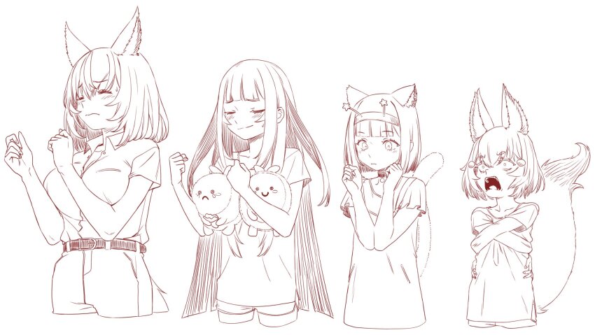 agemmata amanogawa_shiina animal_ear_fluff animal_ears belt breast_conscious breasts character_request chisaka_airi closed_eyes closed_mouth collared_shirt elbows_touching_challenge flat_chest flat_chest_joke fox_ears fox_girl fox_tail greyscale highres jelly_hoshiumi large_breasts looking_down monochrome open_mouth pants phase_connect shirt tail tenma_maemi virtual_youtuber