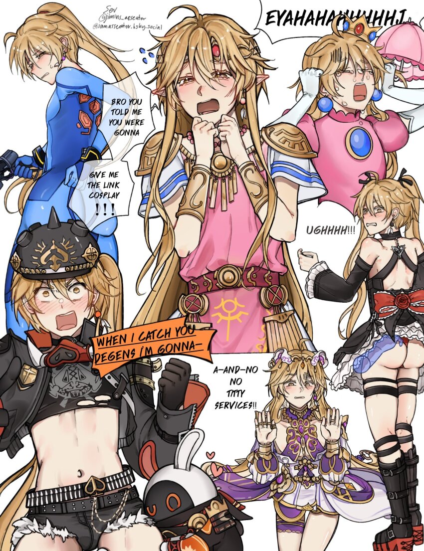 1boy aether_(genshin_impact) armor ass belly black_boots black_shorts blonde_hair blush boots cosplay crown dress english_text genshin_impact highres jimins_asseater long_hair looking_at_viewer luciana_de_montefio luciana_de_montefio_(cosplay) mario_(series) metroid nintendo pink_dress ponytail princess_peach princess_peach_(cosplay) princess_zelda princess_zelda_(cosplay) samus_aran samus_aran_(cosplay) shorts shoulder_armor solo susannah_manatt the_legend_of_zelda thighs trap twintails white_background yellow_eyes zenless_zone_zero zero_suit