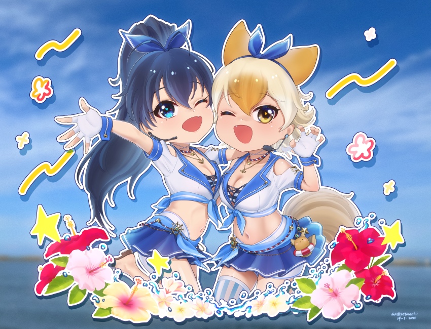 2girls absurdres animal_ears beach beleven black_hair blonde_hair blue_eyes blue_sky choker coyopotato coyote_(kemono_friends) dress extra_ears fingerless_gloves flower ganaha_hibiki gloves highres idolmaster jewelry kemono_friends kemono_friends_v_project long_hair looking_at_viewer microphone multiple_girls navel necklace one_eye_closed outdoors ribbon sailor_dress short_hair shorts skirt sky tail thighhighs virtual_youtuber wolf_ears wolf_girl wolf_tail yellow_eyes