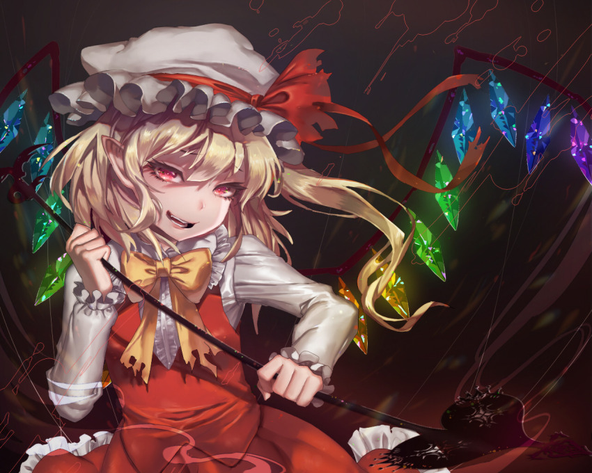 1girl adapted_costume bitaro blonde_hair bow bowtie breasts buttons center_frills cowboy_shot dark_background dress_shirt flandre_scarlet frilled_shirt_collar frilled_skirt frilled_sleeves frills hair_between_eyes hat hat_ribbon head_tilt holding holding_polearm holding_weapon laevatein_(touhou) long_sleeves looking_at_viewer medium_hair mob_cap one_side_up open_mouth pointy_ears polearm red_eyes red_ribbon red_skirt red_vest ribbon shirt simple_background skirt skirt_set small_breasts solo teeth touhou vest weapon white_hat white_shirt yellow_bow yellow_bowtie