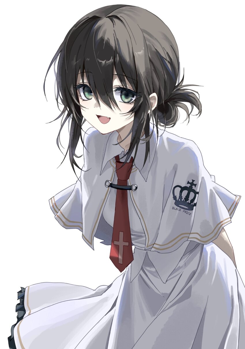 1girl :d arms_behind_back brown_hair capelet cowboy_shot cross cross_print crown_print eyelashes fang folded_ponytail frilled_skirt frills gegadi green_eyes hair_between_eyes happy hashtag-only_commentary highres leaning_forward light_blush looking_at_viewer medium_hair necktie open_mouth red_necktie school_uniform shirt sidelocks simple_background skirt smile solo subarashiki_hibi tachibana_kimika white_background white_capelet white_shirt white_skirt
