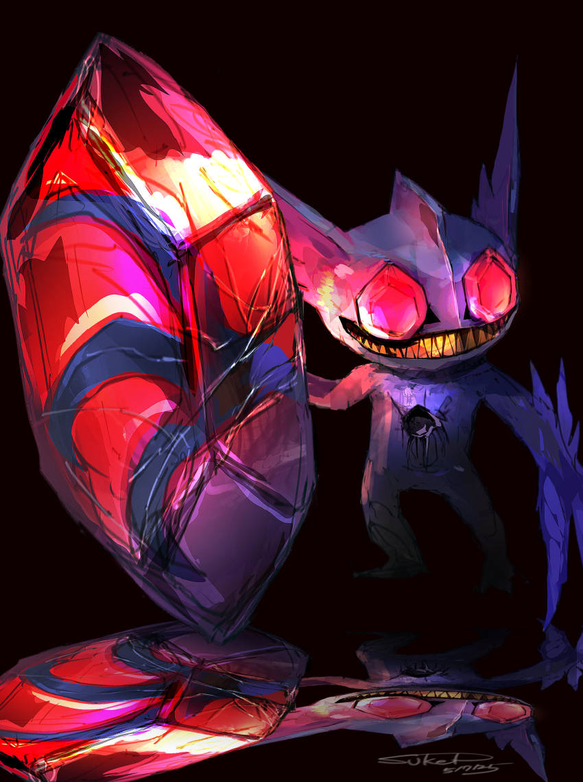 1other absurdres black_background gen_3_pokemon grin highres mega_pokemon mega_sableye monster nintendo pokemon pokemon_(creature) red_eyes reflection sableye signature smile solo sukepmonster teeth