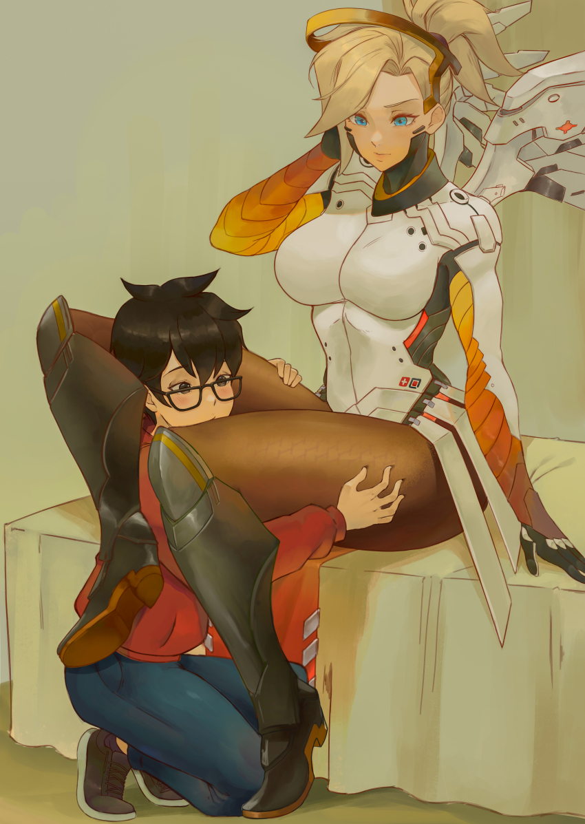 1boy 1girl absurdres alterlesott armor bed bedroom between_legs blonde_hair blue_eyes boots breasts commission halo head_between_thighs hetero high_heels highres kiss kissing_thigh large_breasts legs mercy_(overwatch) overwatch ponytail sitting skirt thick_thighs thigh_grab thighs wings