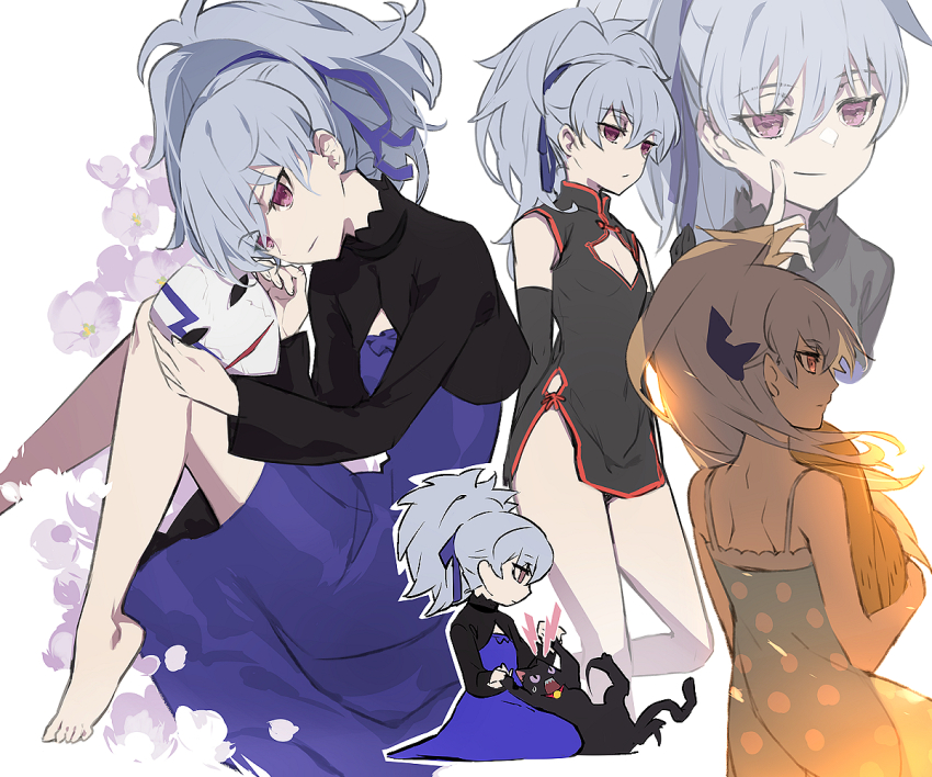 1girl bare_arms bare_shoulders barefoot black_cat black_gloves black_jacket blue_dress blue_ribbon breasts cat china_dress chinese_clothes cleavage_cutout clothing_cutout cowboy_shot darker_than_black dress elbow_gloves expressionless from_behind full_body gabu_(az210309) gloves grey_hair hair_between_eyes hair_ribbon jacket knees_together_feet_apart long_sleeves looking_to_the_side mao_(darker_than_black) multiple_views pointing polka_dot polka_dot_dress ponytail purple_eyes ribbon short_dress small_breasts smile sundress variations white_background wide_ponytail yin_(darker_than_black)