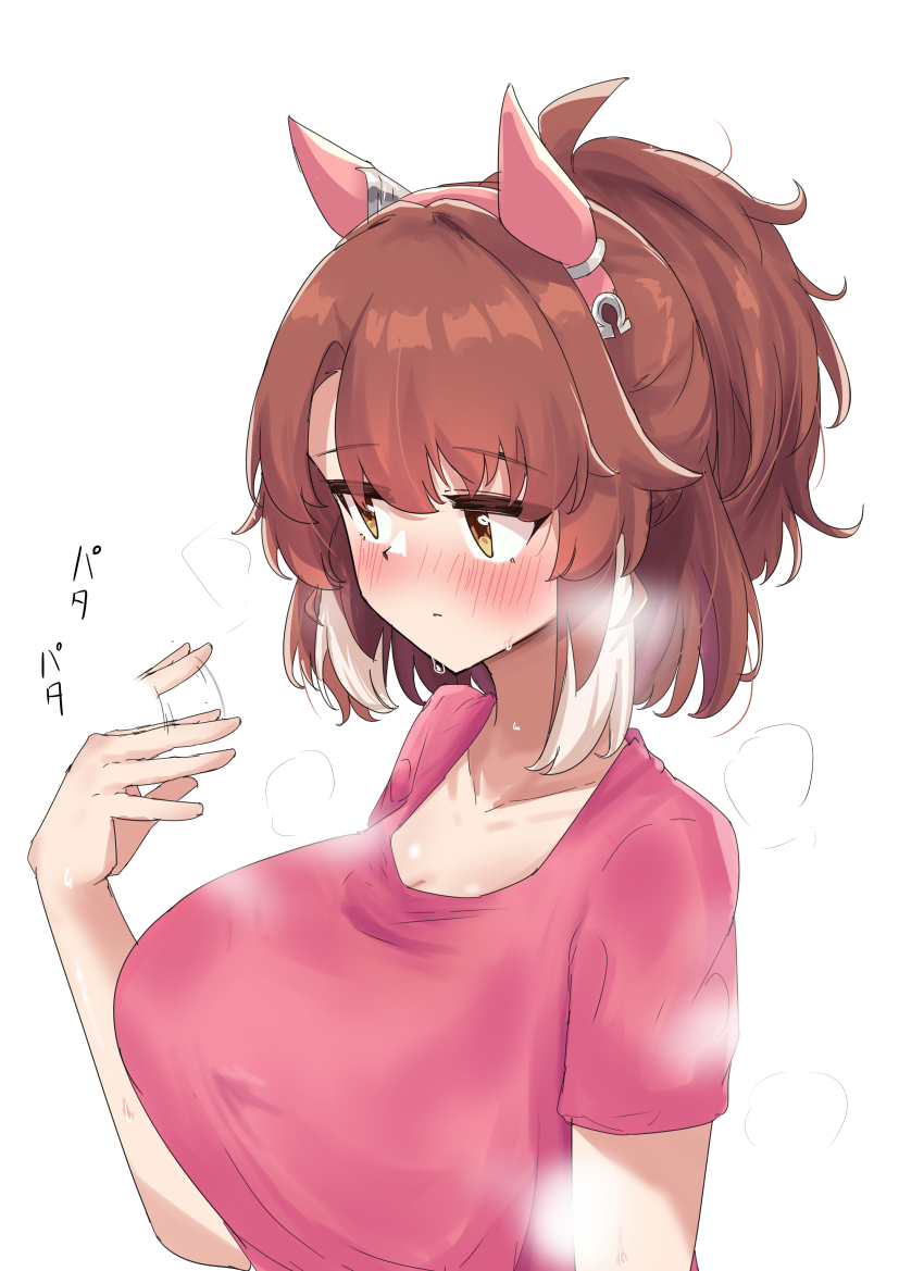 1girl absurdres animal_ears blush breasts brown_hair closed_mouth commentary_request dantsu_flame_(umamusume) ear_covers gryebooks highres horse_ears horse_girl hot large_breasts multicolored_hair red_shirt shirt short_hair short_sleeves simple_background solo steaming_body two-tone_hair umamusume upper_body white_background white_hair yellow_eyes
