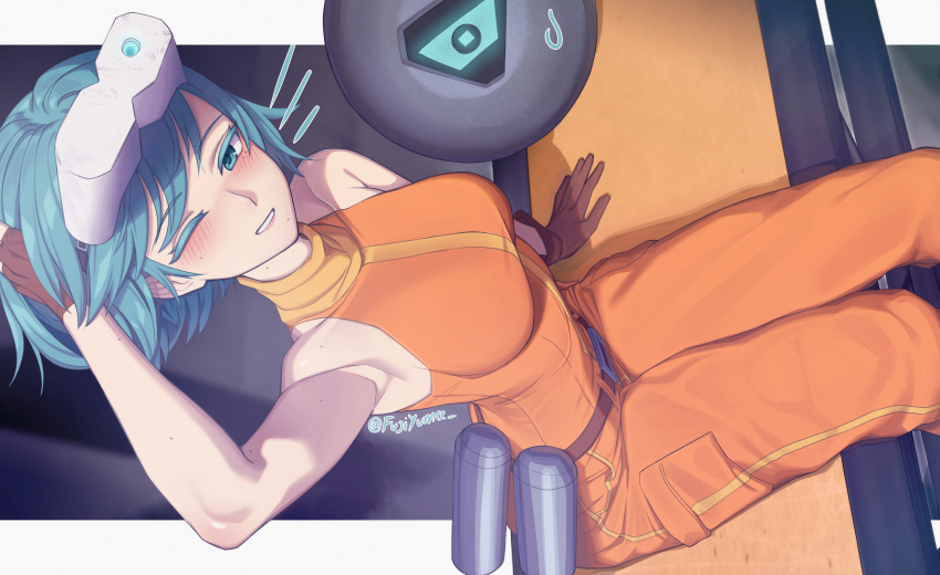 1girl absurdres armpit_focus armpits blue_eyes blue_hair blush breasts brown_gloves comedic_sweatdrop commentary cowboy_shot english_commentary fingerless_gloves from_above fujiwara_yumeko_(fuji_yumeko1) gloves hand_on_own_head head-mounted_display highres jumpsuit leather_belt letterboxed looking_at_viewer medium_breasts motorslice multiple_moles notice_lines one-eyed one_eye_closed orange_jumpsuit orb orbie outside_border p_(motorslice) parted_lips presenting_armpit robot scratching_head single_fingerless_glove sitting smile square_pupils steel_beam thick_eyelashes tomboy turtleneck_jumpsuit twitter_username