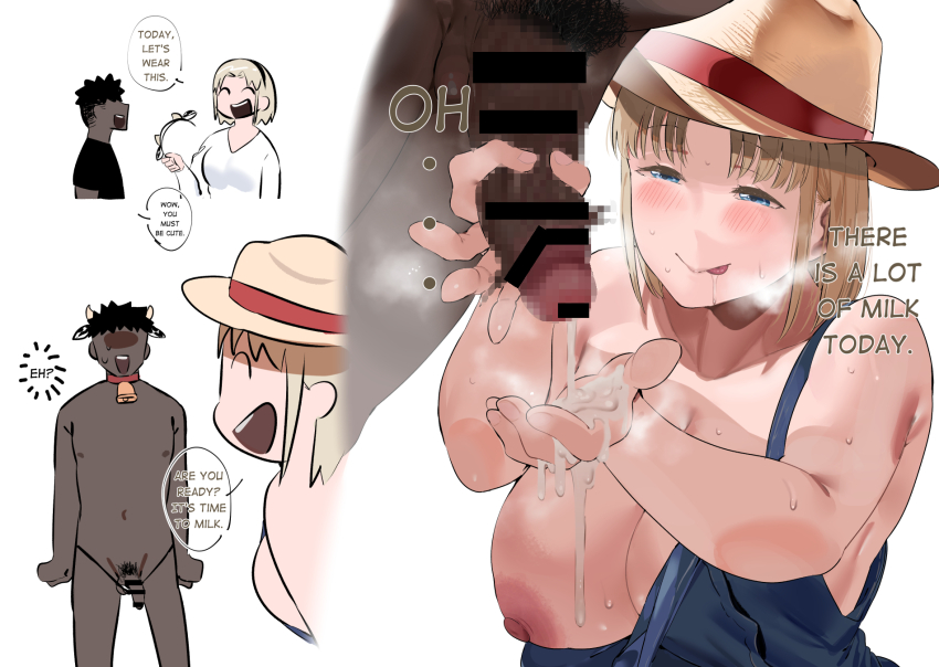 1boy 1girl animal_ears bar_censor blonde_girl_(okpriko) blonde_hair blue_eyes blush breasts censored cow_ears cowbell cum cum_on_body cum_on_hands dark-skinned_male dark_skin ejaculation english_text fake_animal_ears femdom handjob hat highres large_breasts milking_handjob okpriko one_breast_out penis penis_grab penis_milking