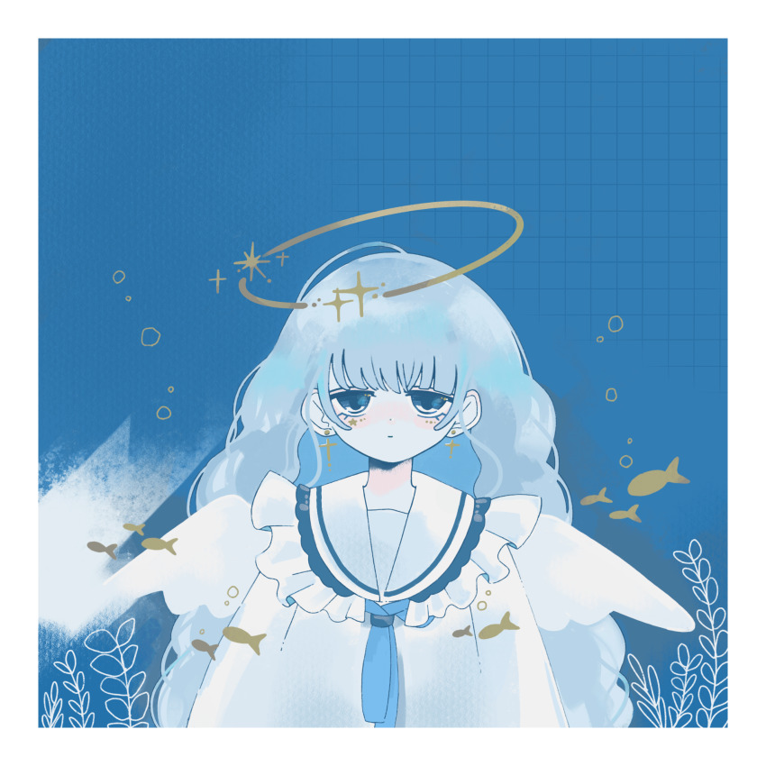 1girl blue_eyes blue_theme blunt_bangs border bubble closed_mouth cross cross_earrings earrings expressionless fish frills grey_hair halo highres jewelry long_hair looking_at_viewer original school_of_fish solo square sskitaco sticker_on_face upper_body wavy_hair white_border white_wings wings yellow_halo