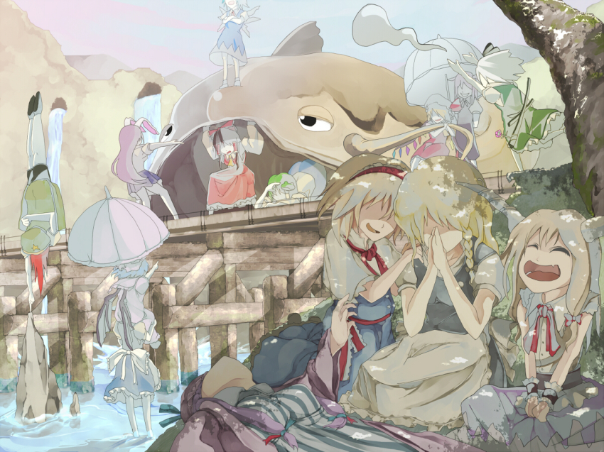 6+girls alice_margatroid bad_id bad_pixiv_id carrying catfish cirno everyone fish flandre_scarlet hakurei_reimu handstand hong_meiling ibuki_suika izayoi_sakuya kirisame_marisa koakuma kochiya_sanae konpaku_youmu konpaku_youmu_(ghost) multiple_girls namazu_(touhou) parasol patchouli_knowledge pointing praying reisen_udongein_inaba remilia_scarlet shade shaded_face shinta_(artist) shoulder_carry tokoroten_(hmmuk) touhou umbrella