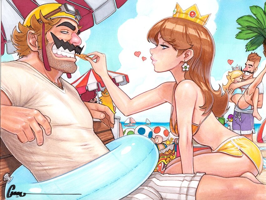 4girls 6+boys beach beach_umbrella bikini blonde_hair blue_bikini blue_eyes blue_sky blue_toad_(mario) boat brown_hair carrying cloud crown dolphin_shorts earrings facial_hair feeding flower_earrings green_toad_(mario) grin hair_over_one_eye heart helmet jewelry lifebuoy long_hair luigi mario mario_(series) motorcycle_helmet multiple_boys multiple_girls mustache new_super_mario_bros._u_deluxe nintendo ocean omar_dogan palm_tree piranha_plant princess_carry princess_daisy princess_king_boo princess_peach rosalina sailboat shirt short_shorts shorts signature sky smile strap_gap summer swim_ring swimsuit toad_(mario) traditional_media tree umbrella waluigi wario warioware watercraft white_shirt yellow_shorts